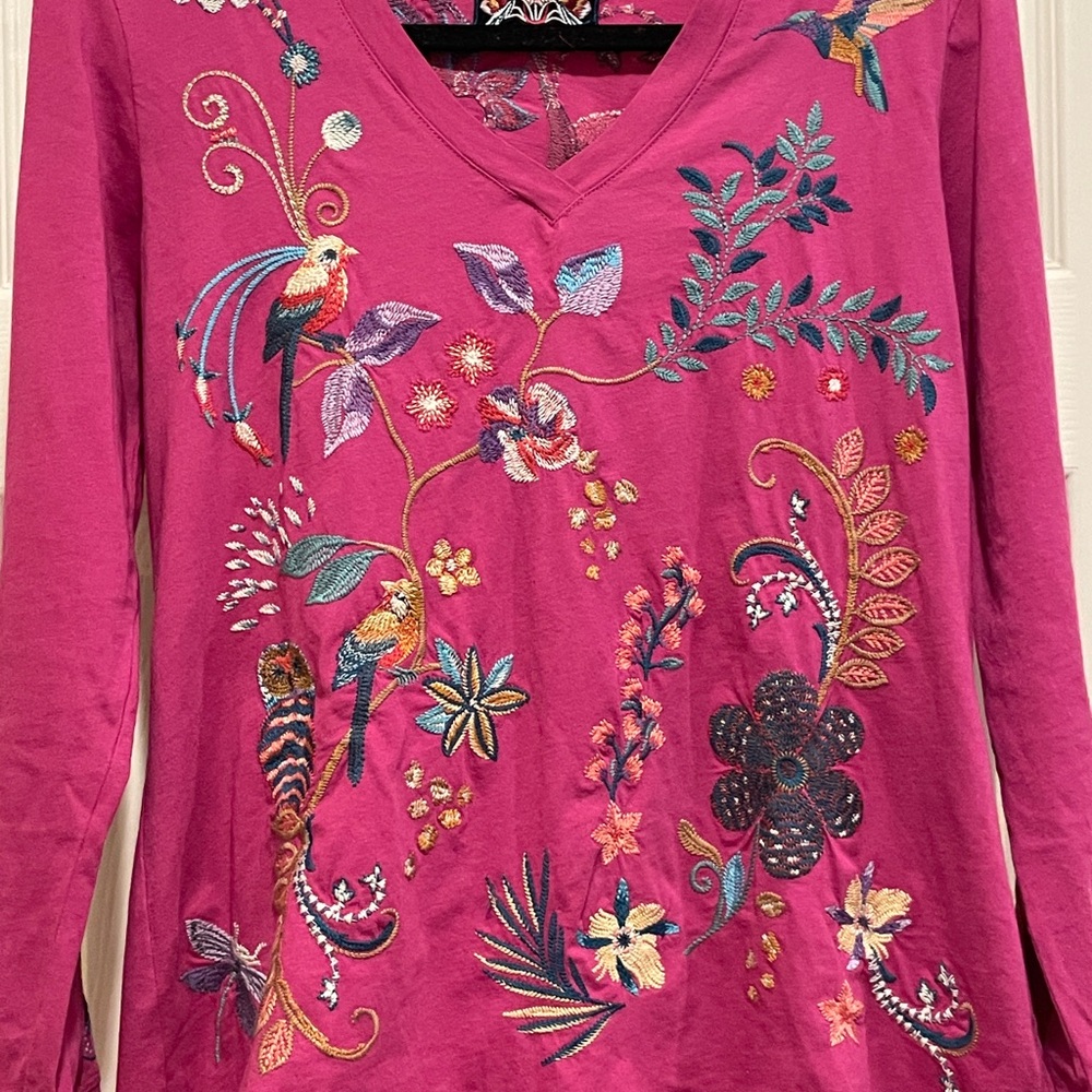 Johnny Was Fuchsia Embroidered Long Sleeve Top